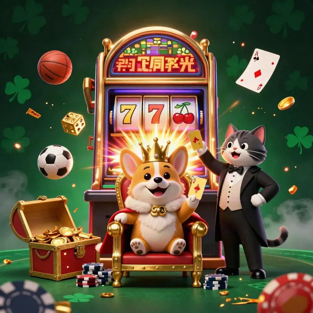 Corgi king and cat butler amid exploding slot machine, flying sports balls, gold, and neon haze.