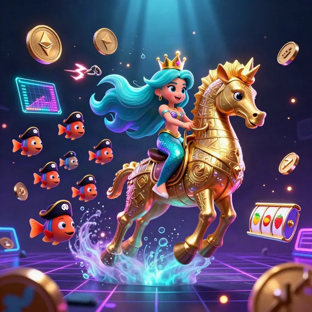 Mermaid princess on armored seahorse with pirate fish, neon coins, lightning, and casino magic.