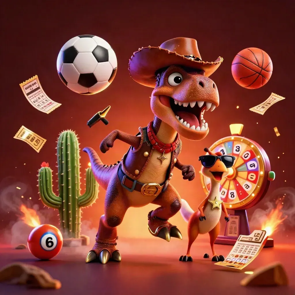 Cowboy T-Rex, cactus sidekick, and roadrunner amid casino balls, wheel, tickets, and embers.