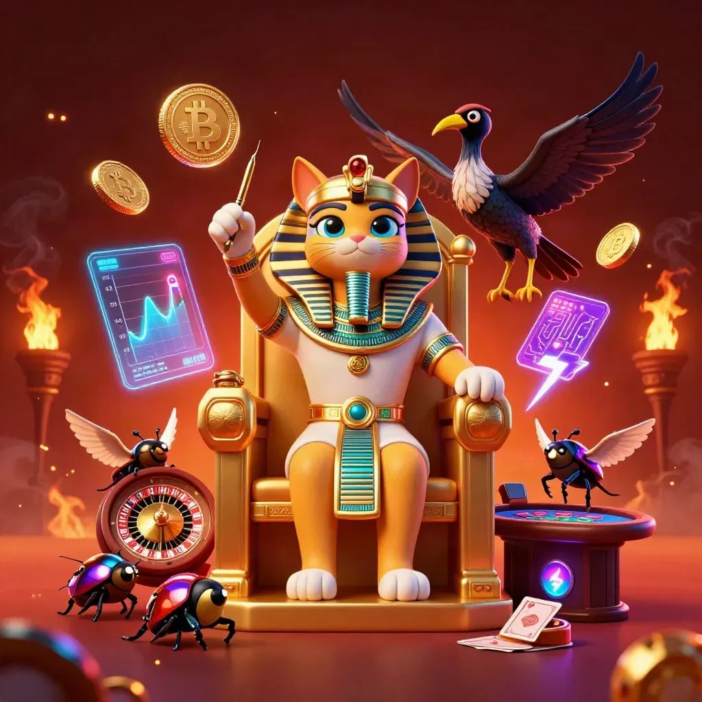 Pharaoh cat, ibis scribe, scarab beetles, glowing casino relics in a neon jackpot room.