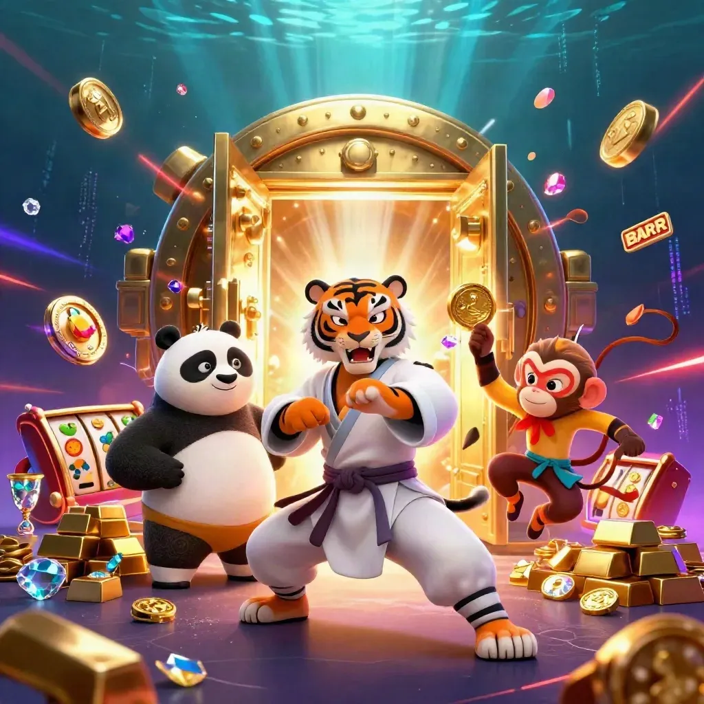 Tiger, panda, and monkey burst from a vault with gold, gems, neon light, and slot symbols.