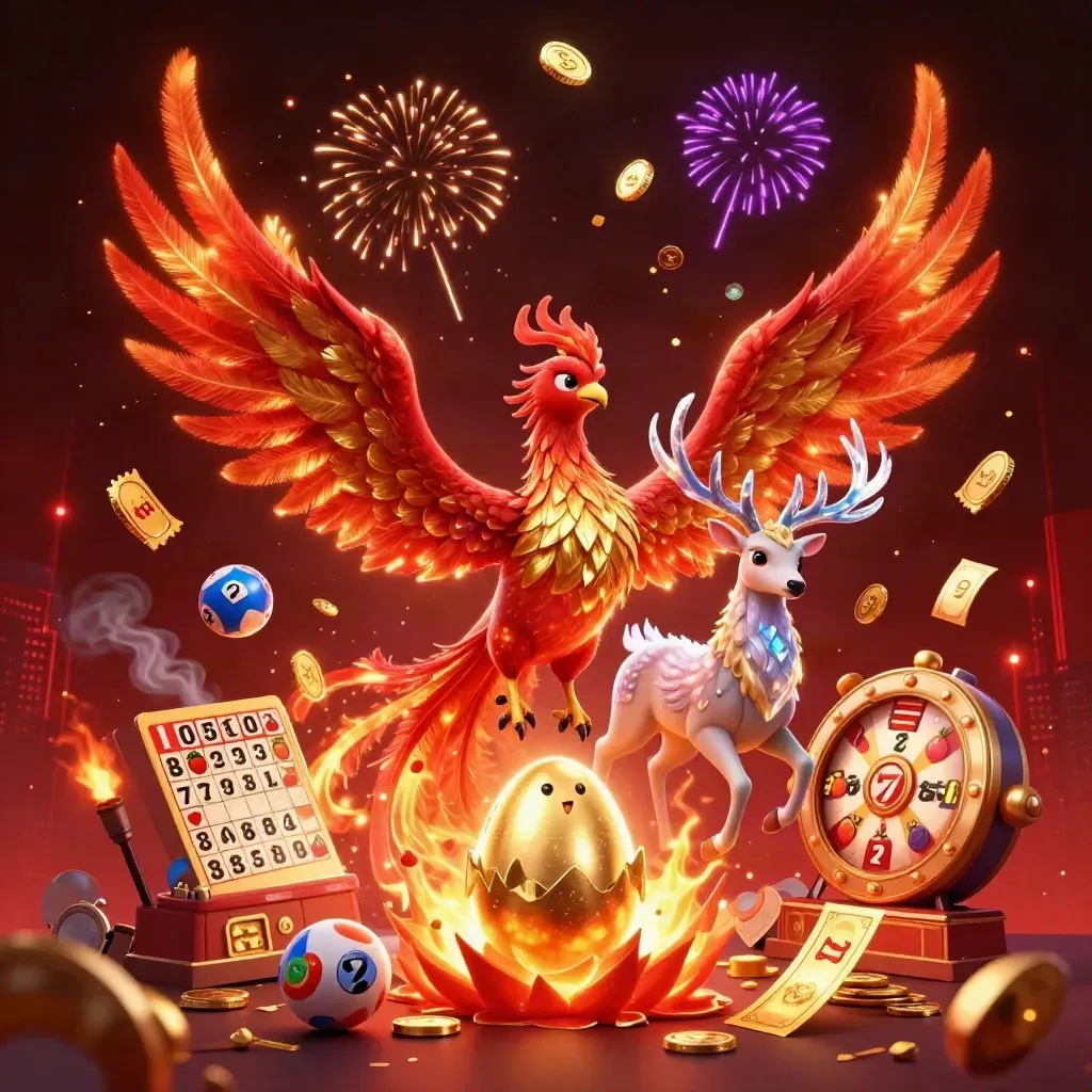 Phoenix, baby phoenix, and crystal stag amid coins, fireworks, and casino rewards