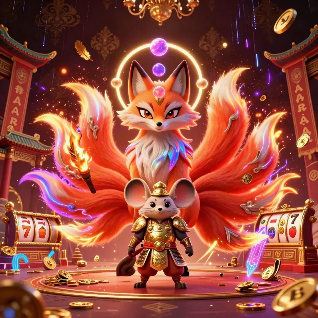 Nine-tailed fox spirit and gold-armored mouse amid casino relics and neon energy.